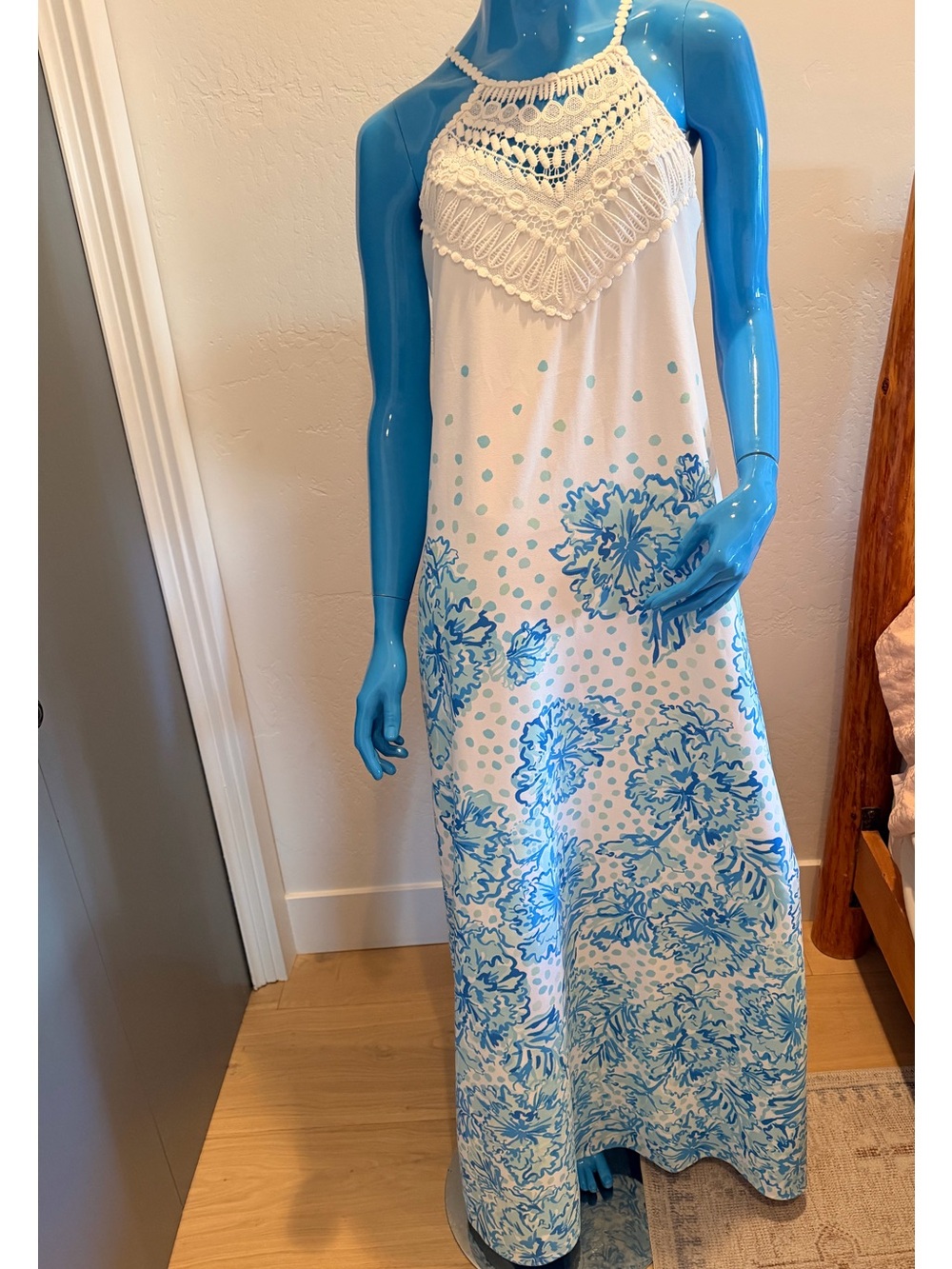 Lilly Pulitzer White Halter Maxi Dress with Blue Floral Print - Picture 2 of 7
